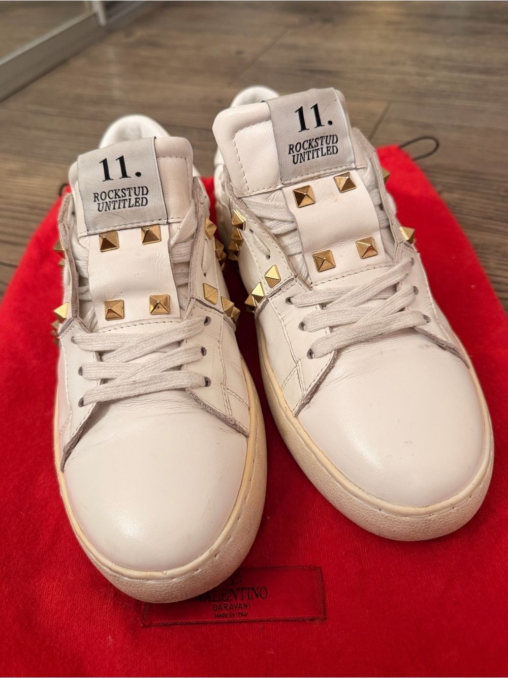 Valentino Garavani White Rockstud Untitled Sneakers with Gold Studs